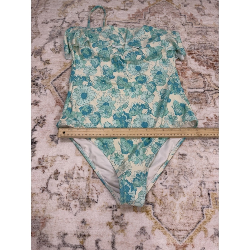 NEW Shade & Shore Womens Large Blue Floral Ruffle Bandeau One Piece Swimsuit - Picture 6 of 9